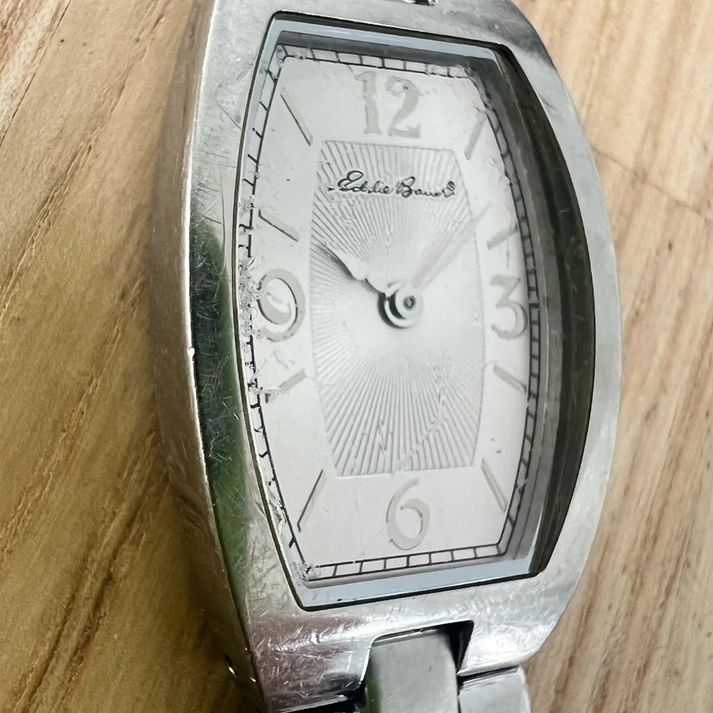 Eddie Bauer ladies rectangular silver tone bracelet watch NEW BATTERY